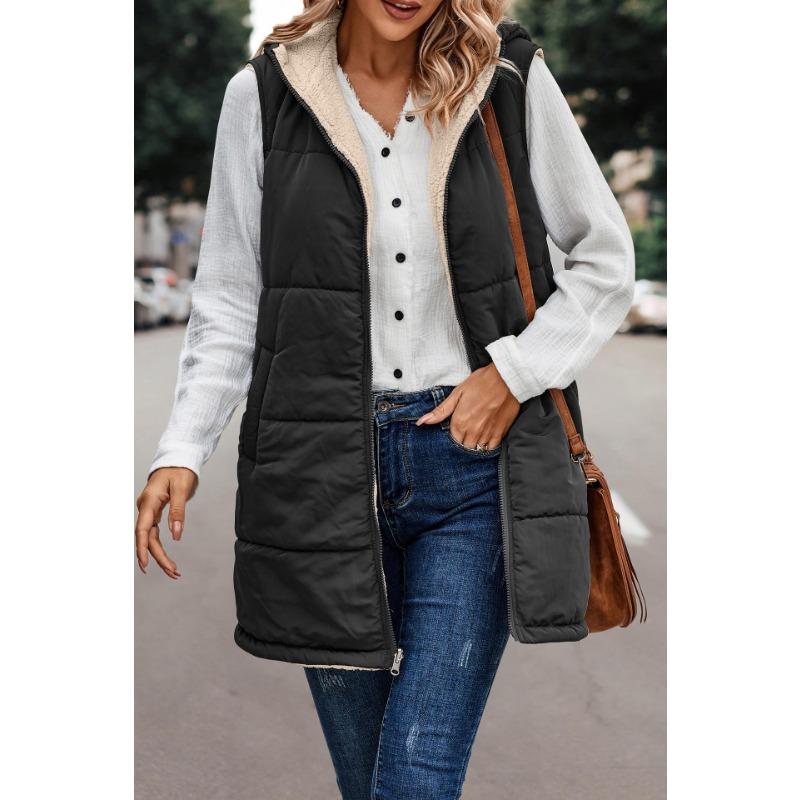 Women's 2024 Fall Reversible Vest Sleeveless Wool Jacket Zipper Hoodie Pocket Long Warm Winter Coat long  puffy vest  for women